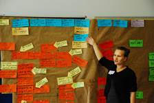 Left: A student during a group work session explains conceptual model. Right: Course participants on a guided excursion to the case study site. Photos by Marion Tiemann.